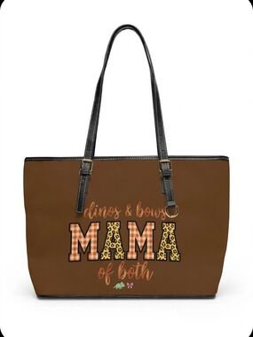 Brown Leather "Mama of Both" Tote Bag with Black Straps 16x10 NWT Boutique